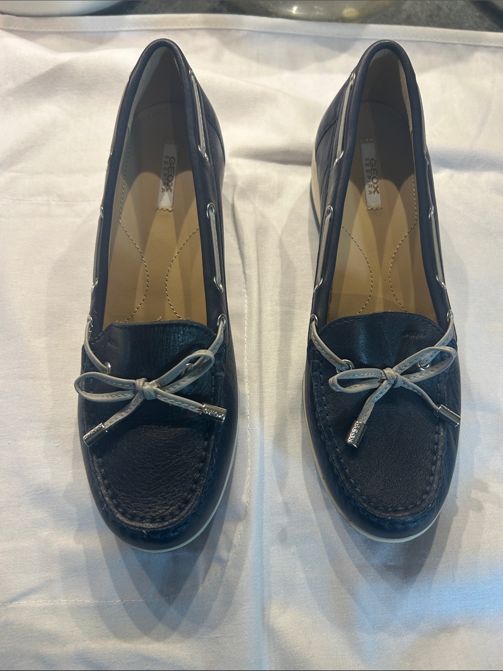 Geox Respira Women's Navy Leather Wedge Moccasins with Light Gray Bow